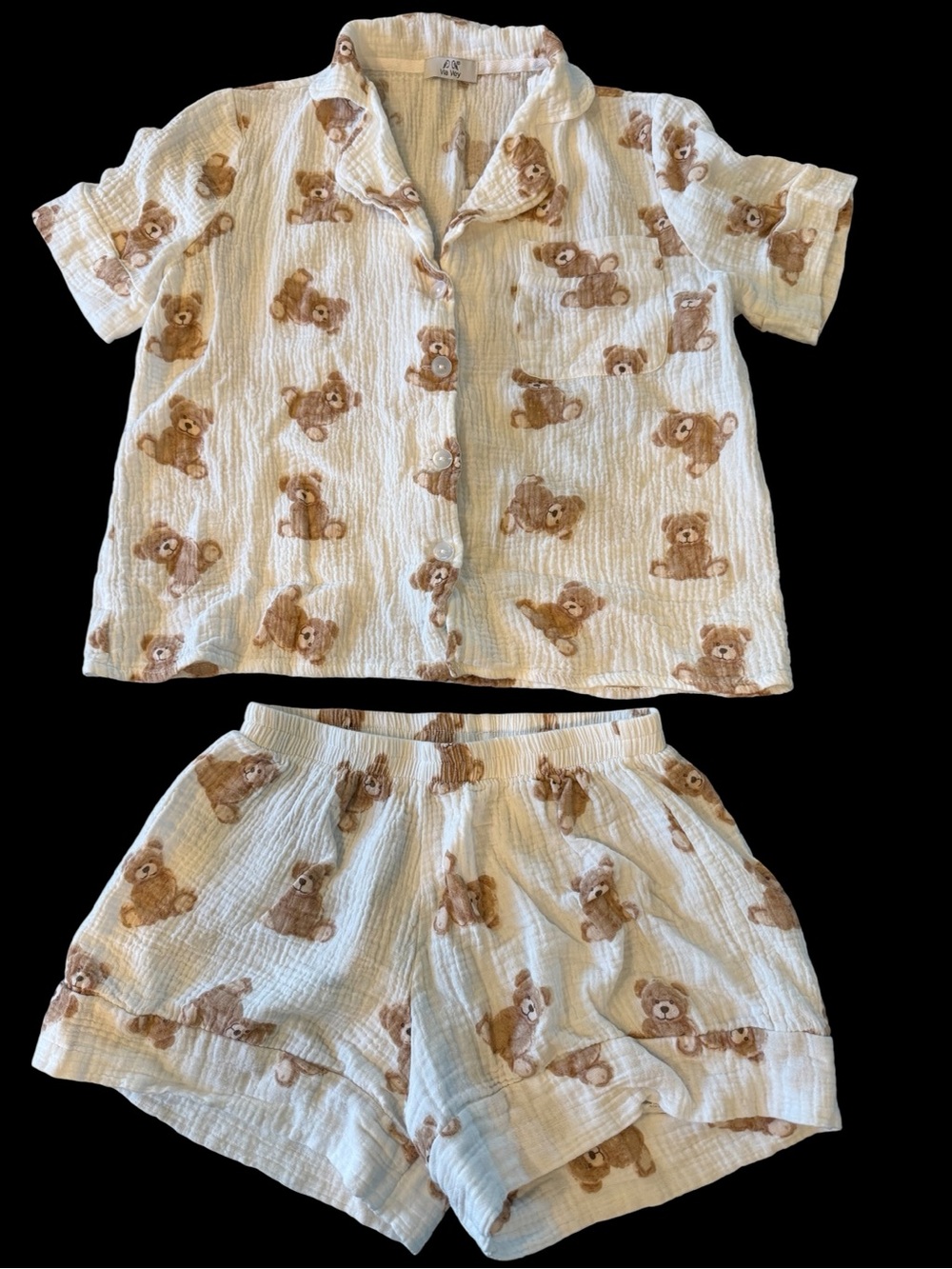 Teddy Bear Short Pajama Set - White with Brown Bear Print